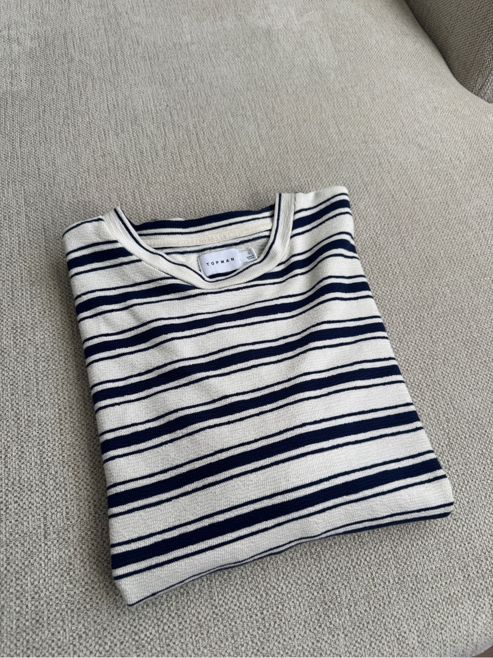 Topman Cream and Navy Striped Crewneck Shirt